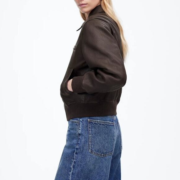 NWT Madewell Relaxed Leather Bomber Jacket Dark Carob Brown L - Picture 2 of 5